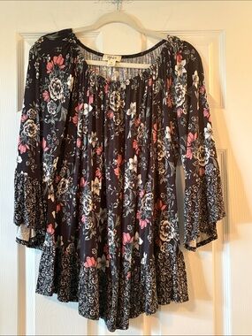 Style & Co. Navy Floral Tiered Bell-Sleeve Tunic with Pink & White Flowers